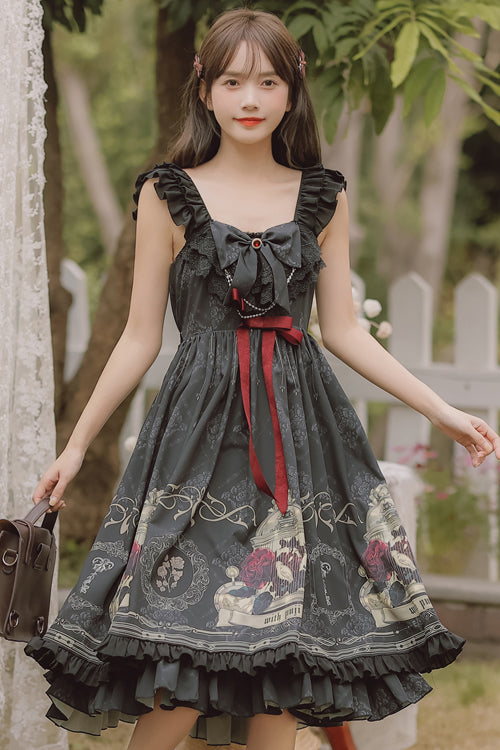 Black Ruffled Strap Court Print Front And Back Bow Classic Lolita JSK Dress