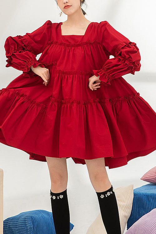 Red Square Neck Ruffled Long Sleeves Oversized High Waisted Sweet Lolita OP Dress