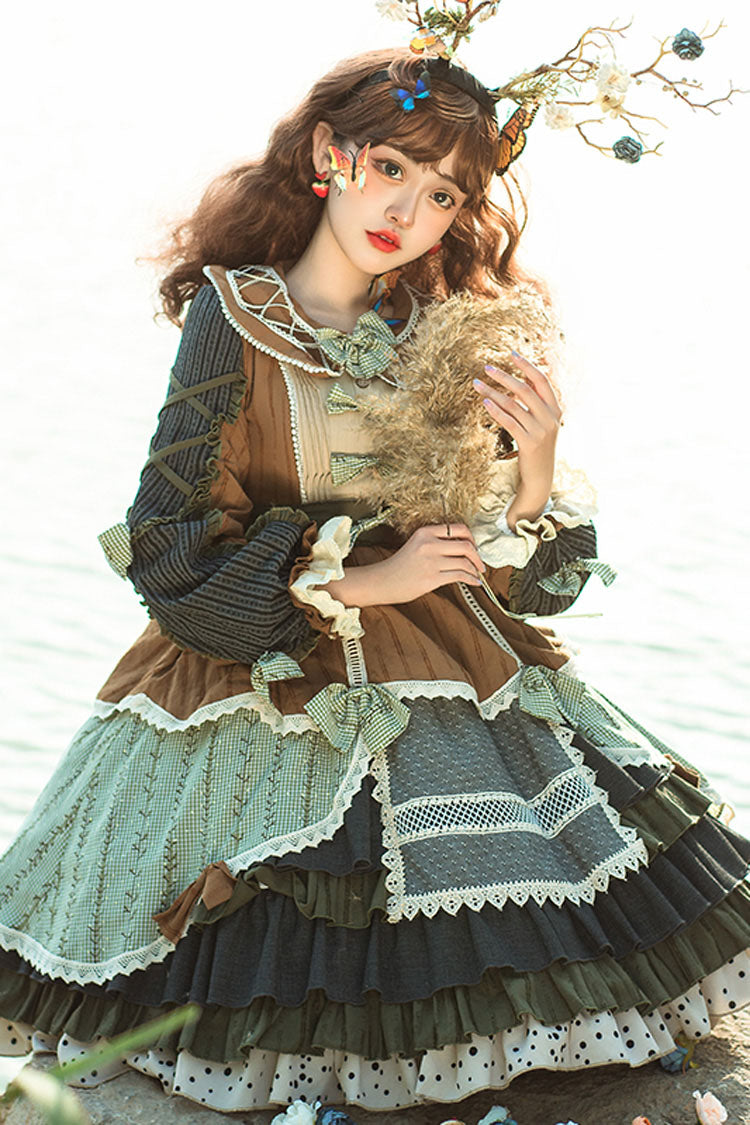 Multi-Color Retro Pastoral Style Stitching Color Ruffled Tiered Classic Lolita Op Dress (Belt is included)