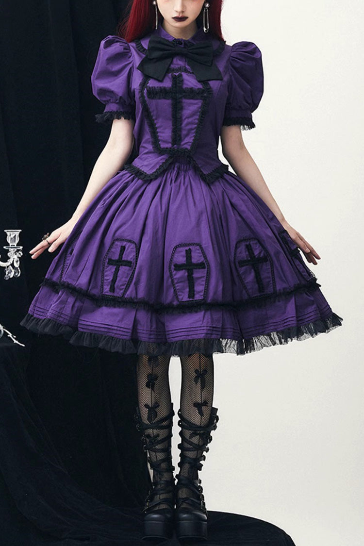 Purple Halloween Cross Short Puff Sleeves Two Pieces Gothic Lolita Dress