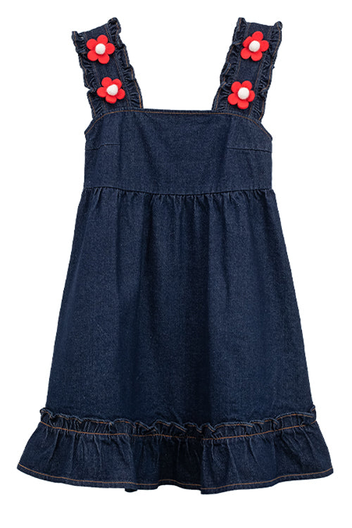 Schwarzes, hoch tailliertes Lolita-Trägerkleid aus Denim mit Rüschenträgern und Blumen-Accessoires