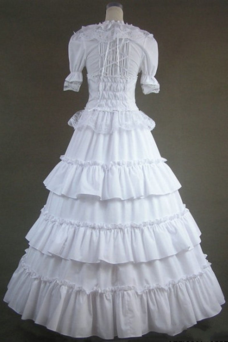 White Cotton Square Collar Short Sleeves Floor Length Multi-Layer Victorian Gothic Lolita Dress