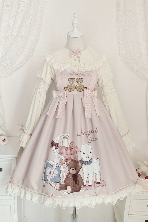 ピンクの羊とクマのプリント アリス ガール ちょう結びフリル スウィート ロリータ JSK ドレス