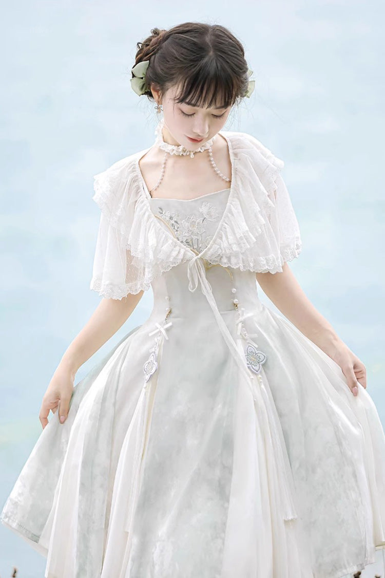 White Summer Dream Lotus Sleeveless Chinese Style Sweet Qi Lolita Jsk Dress