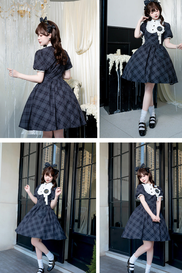 Showa Mädchen Sommer Plaid Print Täglich Kurzarm Klassische Prinzessin Lolita Kleid 2 Farben