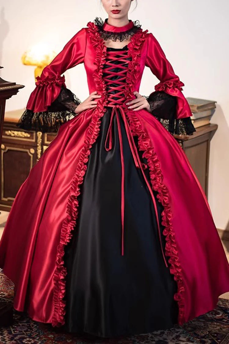 Wine Red Print Medieval Court Rococo Gothic Victorian Lolita Long Dress