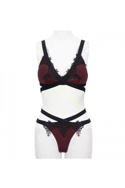 Black Red Lace Cross Strap Burgundy Gothic Swimsuit Set