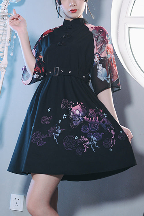 Schwarzer Stehkragen Hundred Ghosts Night Walk Bunter Druck Kurze Ärmel Hohe Taille Süßes Lolita-Kleid