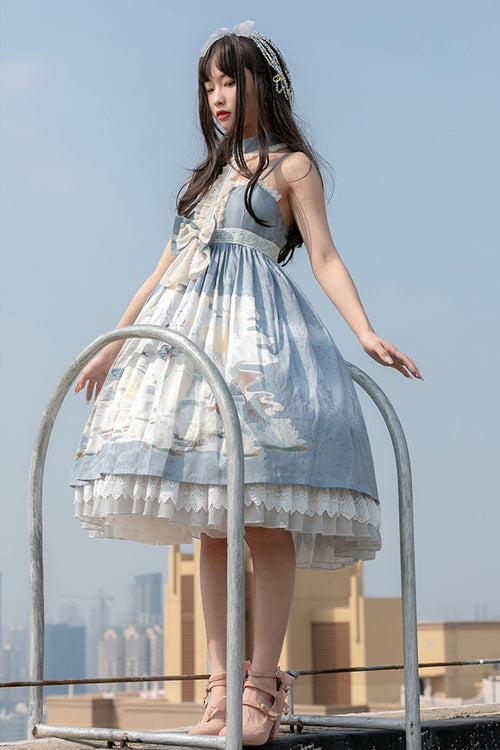 Blue Chinese Mythology Print High Waist Lace Trim Sweet Lolita JSK Dress