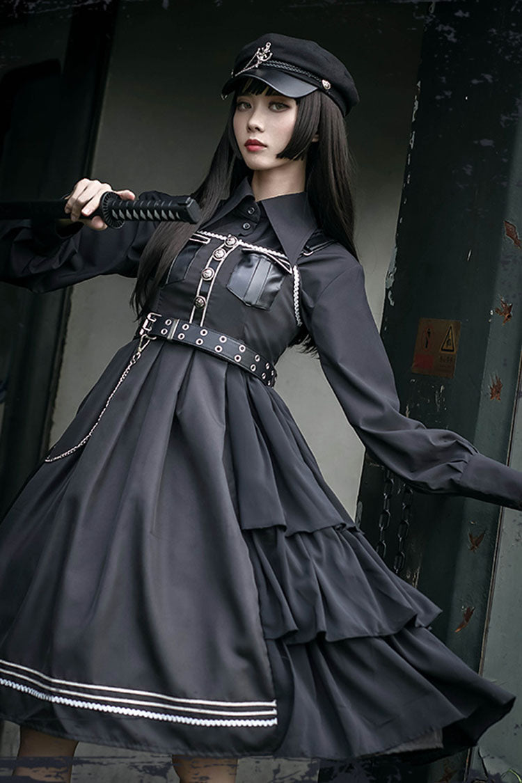 Dark V Neck Bowknot Rivets Epaulettes Sleeveless Military Uniform PU Gothic Lolita Jsk Dress