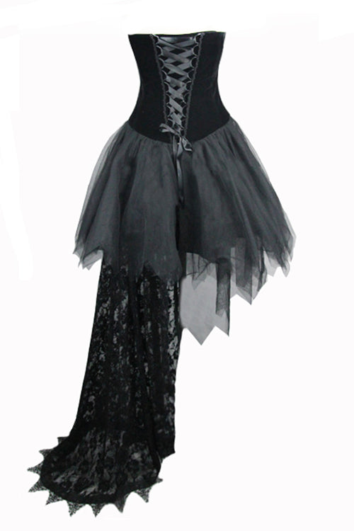 Black Gothic Wedding Strapless Feathered Sexy Velveteen Womens Dress With Rose Lace Tail