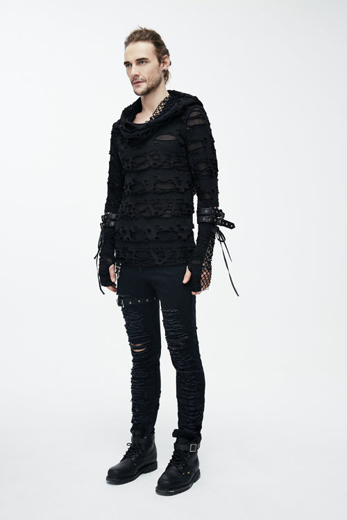 Black Ripped Finger Covered Autumn Hooded Mens Punk T-Shirt