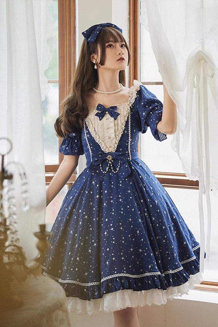 Midsummer Galaxy Shiny Star Print Short Sleeves Ruffle Bowknot Sweet Lolita OP Dress