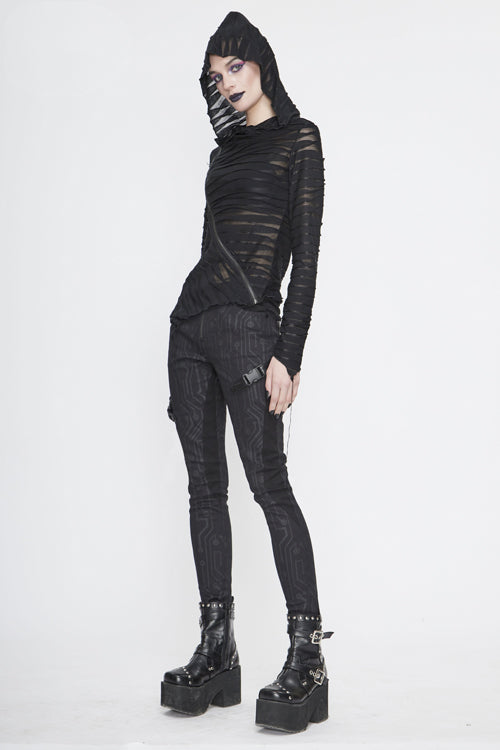 Schwarze Damenhose aus Leder mit Punk-Circuit-Print