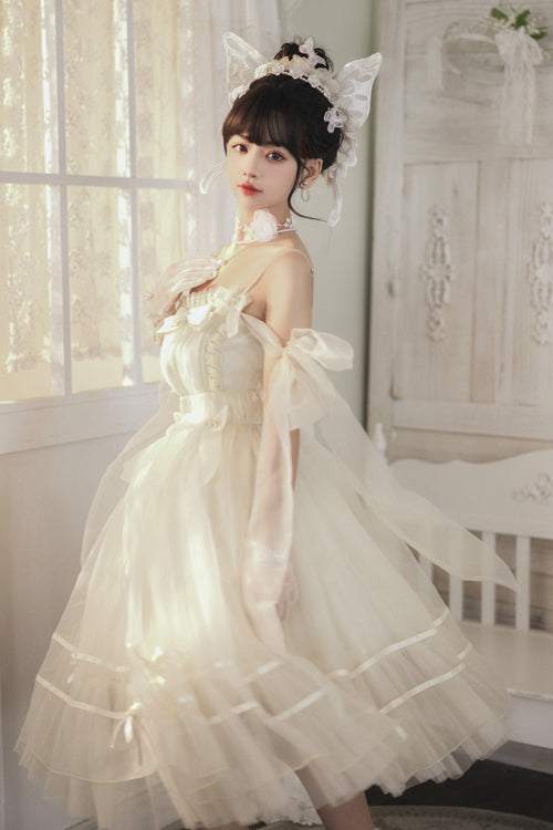 Beige Small Ballet High Waisted Bowknot Chiffon Long Version Sweet Lolita JSK Dress
