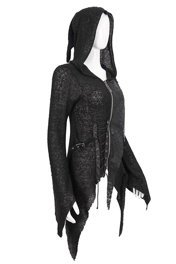 Black Vintage Hooded With Leather Details Women's Punk Jackets