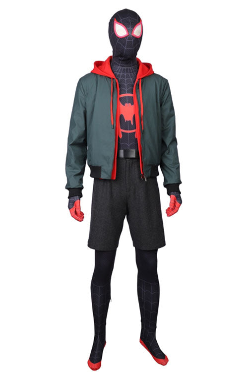 Spider-Man Into The Spider-Verse Spider-Man Miles Morales Black/Red Male Version Hoodie Halloween Cosplay Costume Full Set (Without Bodysuit)