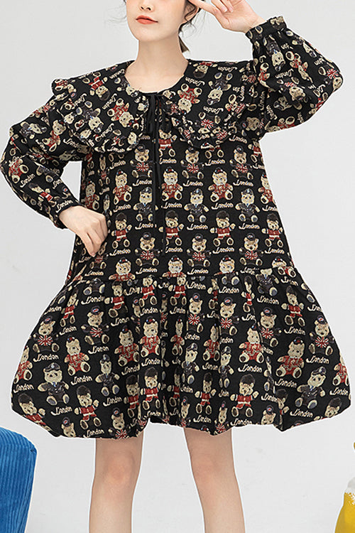 Black Doll Collar Bear Print Puff Sleeves Ruffled Sweet Lolita OP Dress