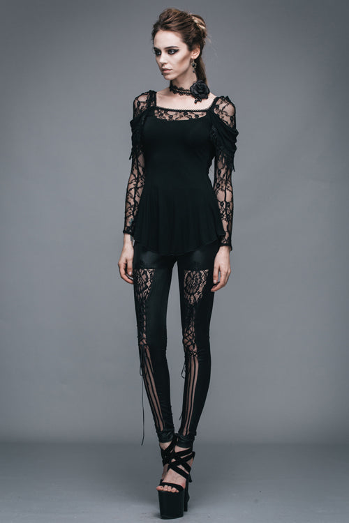 Black Rose Lace Long Sleeves Modal Womens Gothic T-Shirt
