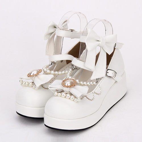 Round toe Bowknot Pearl Chain Classic Lolita Shoes