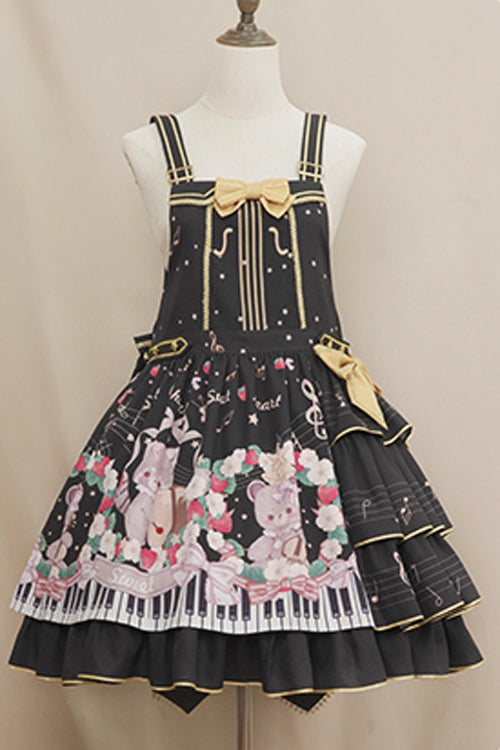 Black Multi-Layer Ruffled Note Bear Print Sweet Lolita JSK Dress