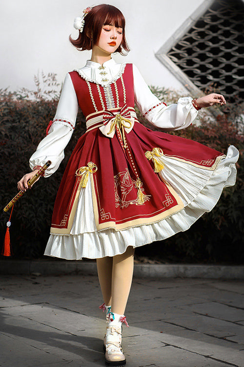 Red Chinese New Year Golden Crane Print Long Sleeve Sweet Lolita OP Dress