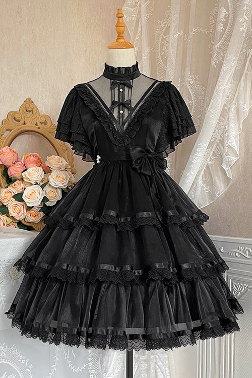Dark Black Castle Night High Waisted Ruffled Hanayome Gothic Lolita Tiered Dress