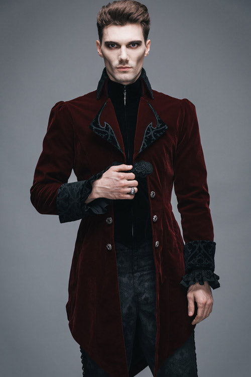 Wine Formal Party Turn Down Collar Long Sleeves Mens Gothic Swallowtail Coat