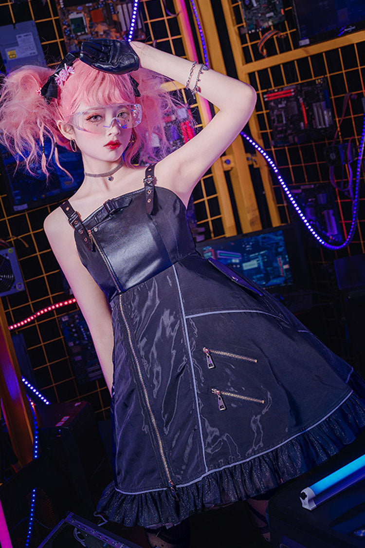 Black Stitching Zipper Cardigan Ruffled Multi-Layer Gothic Lolita Jsk Dress (Will shine at night)