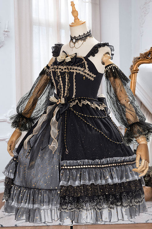 Black Starry Night Square Collar Bowknot Multi-Layer Ruffled Cardigan Gothic Lolita JSK Dress with Detached Sleeves