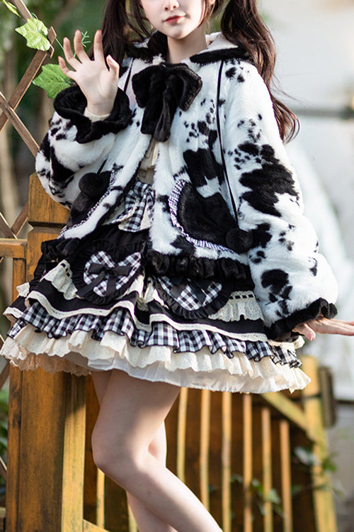 White/Black Padded Spotted Sheep Print Hooded Sweet Lolita Coat