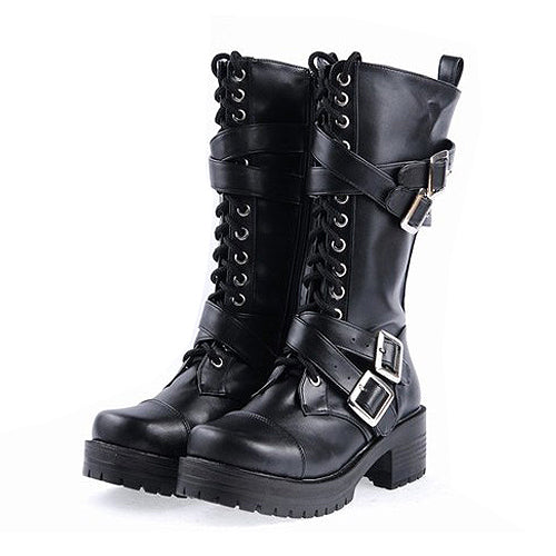 Black Stylish Patent Leather Straps Buckles Gothic Lolita Boots