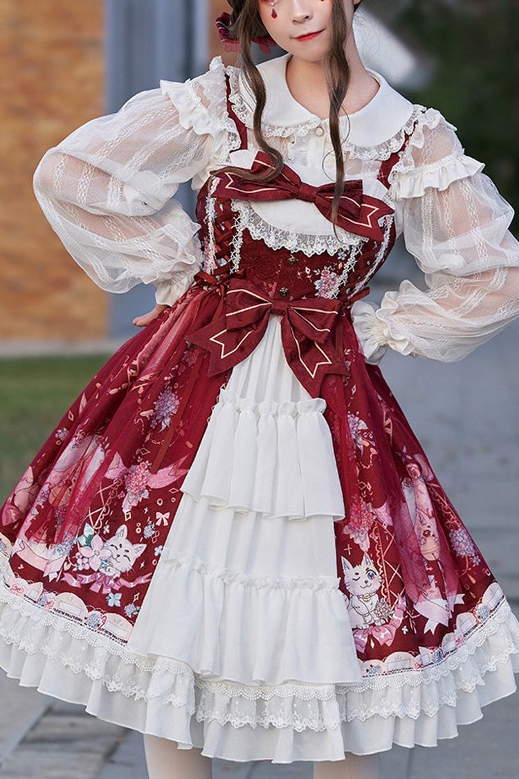 Raccoon Hydrangea Print Stitching Bowknot Ruffled Hanayome Tiered Sweet Lolita JSK Dress