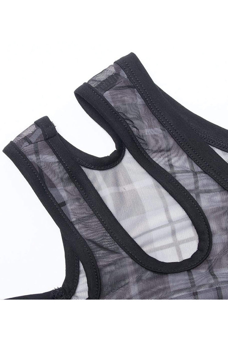 Asymmetrical Cutout Neckline Strap Design Plaid Mesh Women's Punk T-Shirt