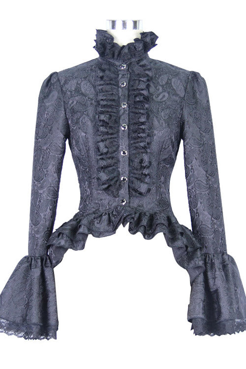 Black Trumpet Sleeves Lace Ruffled Vintage Print Womens Gothic Blouse