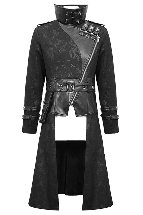 Black Open Collar Printed Belted Long Mens Punk Coat