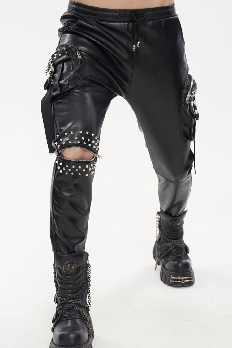 Black Punk Leather Metal Rivets Zipper Stereoscopic Side Pockets Men's Pants