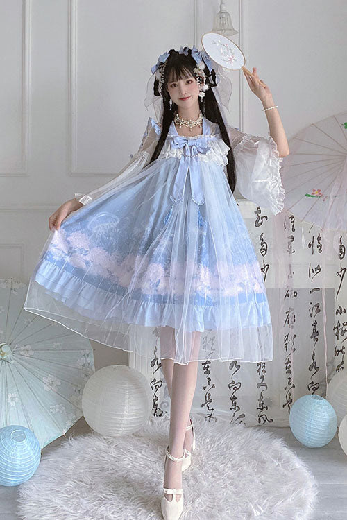 Blue Marine Jellyfish Print Bowknot Long Sleeves Ruffled Chinese Style Sweet Lolita Dress