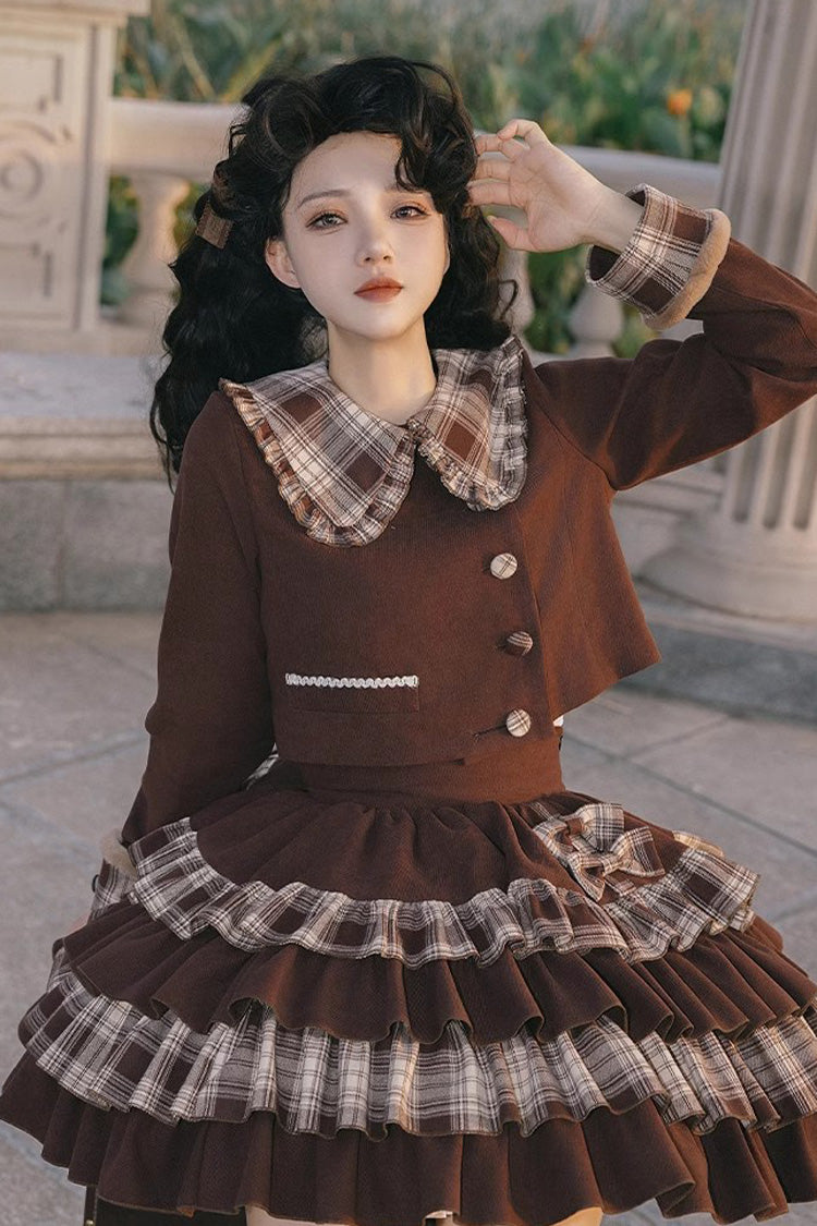 Dark Brown Multi-layer Bowknot College Style Autumn Winter Princess Sweet Lolita Skirt Set