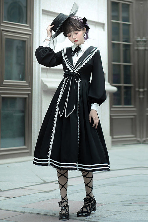 Black Elegant Bowknot Long Sleeves College Style Gothic Lolita Dress –  LolitaInside