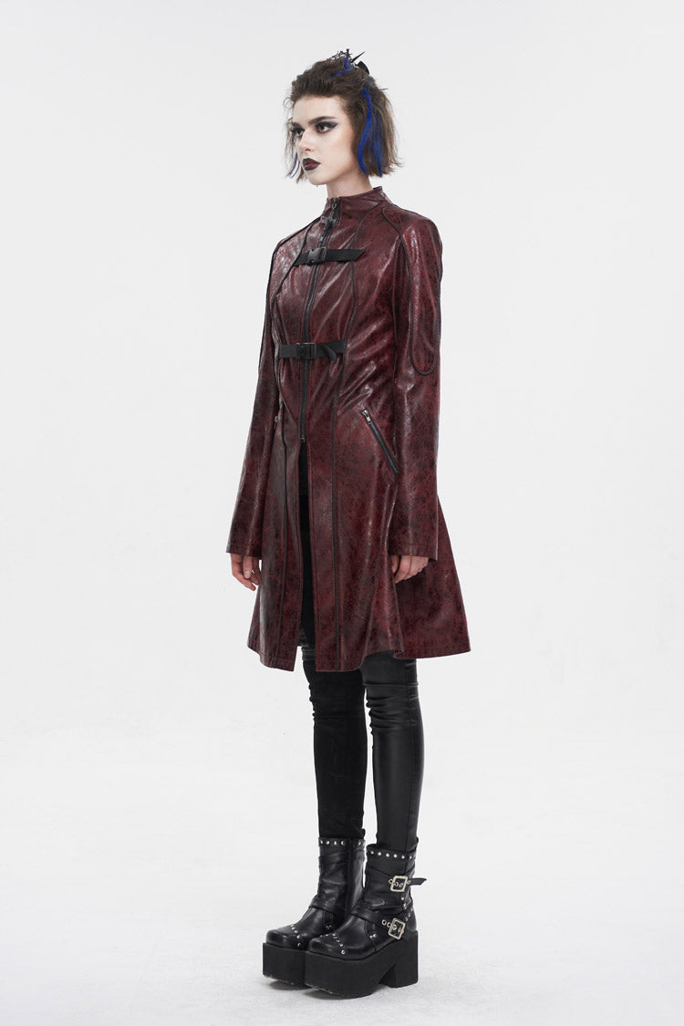 Red Double Buckle Faux Leather Long Women's Punk Coat