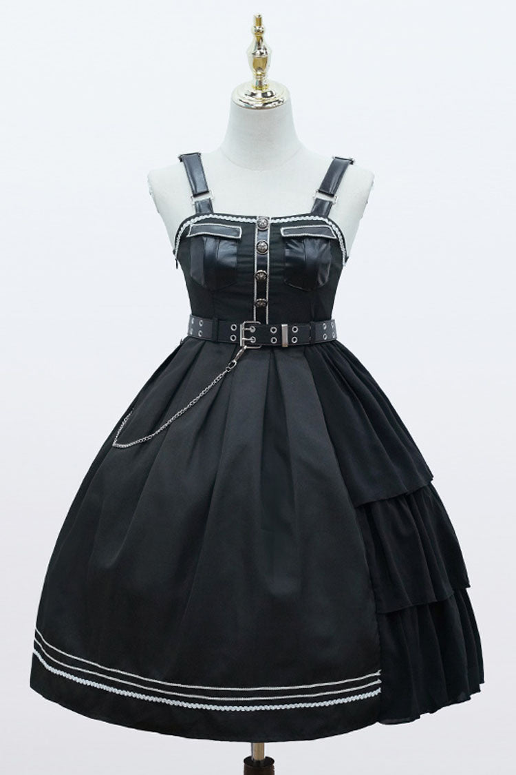 Dark V Neck Bowknot Rivets Epaulettes Sleeveless Military Uniform PU Gothic Lolita Jsk Dress