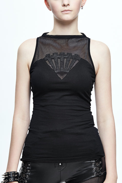 Schwarzes Punk-T-Shirt aus Baumwolle mit bestickter Ausrüstung aus Leder für Damen