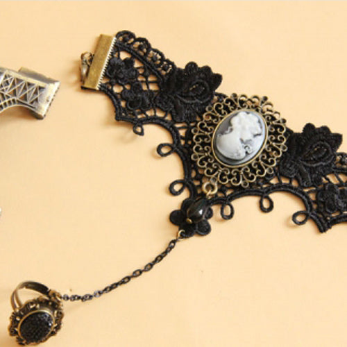 Black Retro Fashion Handmade Lace Pearl Beauty Portrait Female Gothic Lolita Ring Bracelet