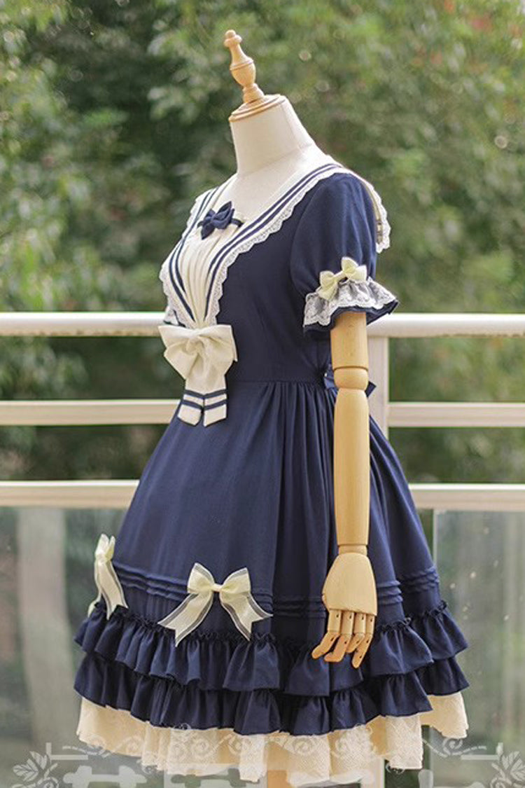 Rhine River Navy Style Short Sleeves Bowknot Sweet Lolita Dress 4 Colors