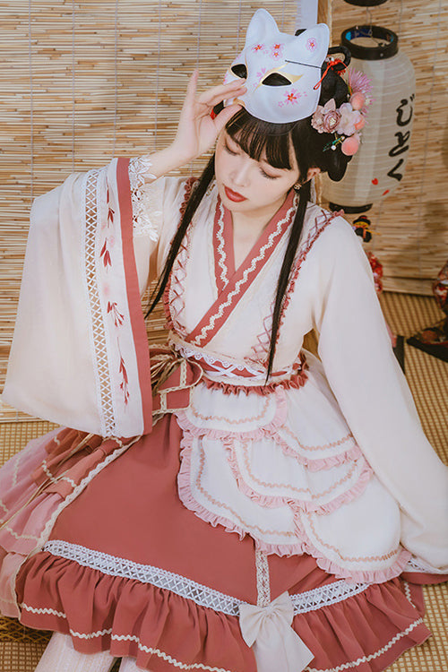 Beige/pinkes süßes Lolita OP-Kleid mit weiten Ärmeln, mehrlagigen Rüschen