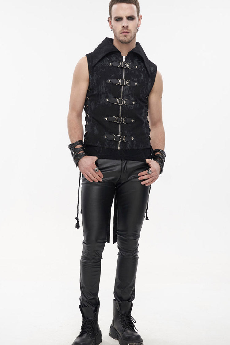 Black Punk Irregular Print D-Shaped Buckle Decoration Waist Side Slits Tied Rope Tight Zipper Men's Dovetail Vest