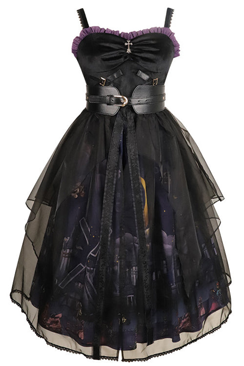 Black Witch Town Print With Veil Gothic Lolita JSK Dress