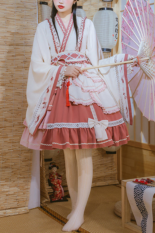 Beige/pinkes süßes Lolita OP-Kleid mit weiten Ärmeln, mehrlagigen Rüschen