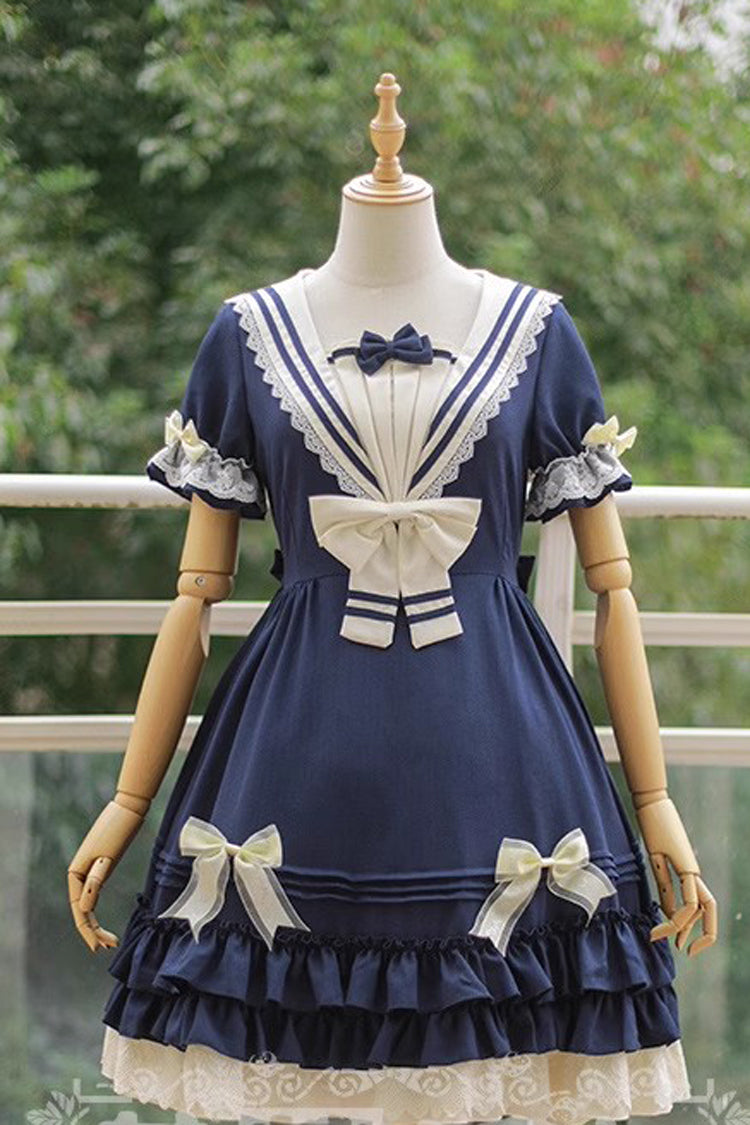 Rhine River Navy Style Short Sleeves Bowknot Sweet Lolita Dress 4 Colors